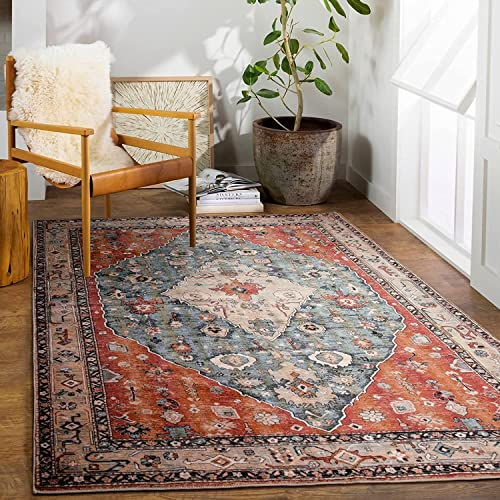 KIMODE Boho Teppich Wohnzimmer, Waschbarer Kurzflor Teppich Groß Orientalischer Kunstwolle rutschfest Teppich Schlafzimmer, Vintage Teppich für Wohnzimmer, Schlafzimmer, Esszimmer, 150x210cm