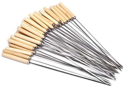 QOXEFPJZ Palos de brocheta 20pcs/Set Barbecue Browwer Many de Madera Manejo de Acero Inoxidable Kabob Brocher Barbacoa Cocina for Acampar al Aire Libre de Palo Barbacoa Accesorios de Herramientas