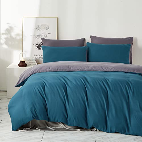 Boqingzhu Bettwäsche 220×240cm Petrol Blau und Grau Anthrazit Uni Wende Bettwäsche Set Microfaser Deckenbettbezug und 2 Kissenbezüge 80x80cm mit Reißverschluss