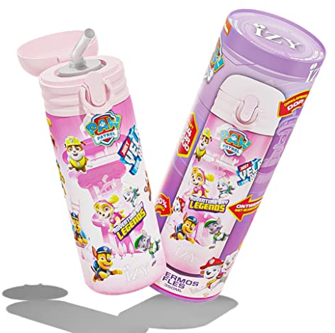 IZY Trinkflasche, Paw Patrol, Wasserspende, Trinkflasche Kinder, Wasserflasche mit Strohhalm, Thermobecher, BPA-frei, Trinkflasche aus rostfreiem Stahl, Heiß oder kalt für 12 Stunden, 500 ml