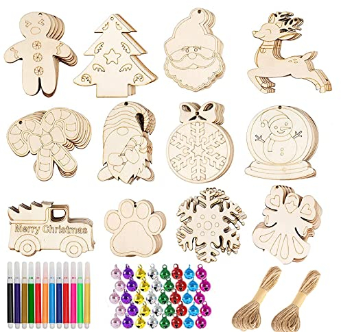 HBell Set di 60 palline di legno di Natale con fori, fette di legno non finite con spago, fai da te, decorazione natalizia da appendere regali di Natale
