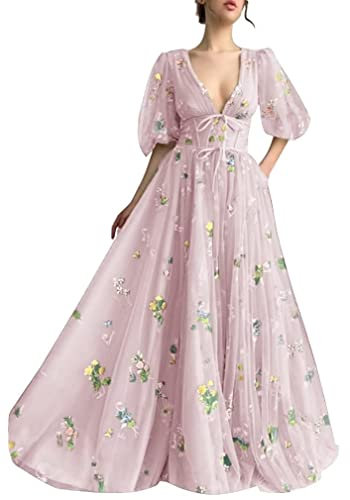 Robes de bal à manches mi-longues en tulle avec broderie florale pour femme, rose, 48