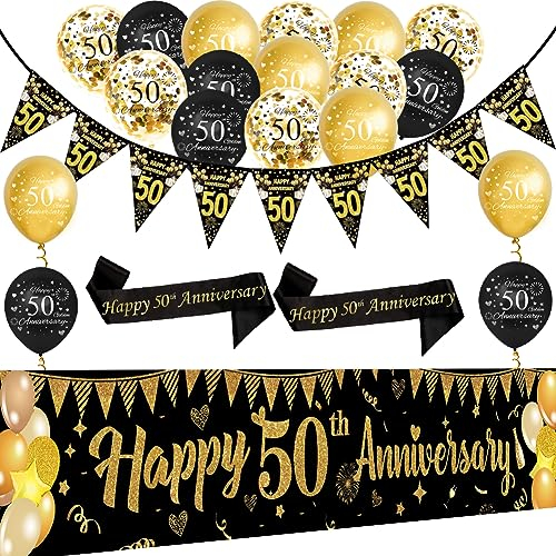 Black Gold 50th Wedding Anniversary Decorations Kit,Happy 50th Anniversary Yard Banner,Sash,Banner Bunting Flags,18Pcs Latex Balloons for Women Men 50 Year Party Supplies