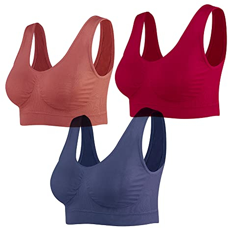 Lemef 3-Pack Seamless Sports Bra Wirefree Yoga Bra with Removable Pads for Women (4X-Large, Brown&Navy&Merlot)