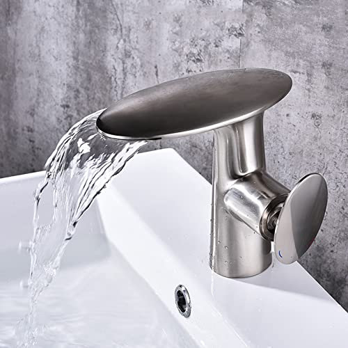 Waschbecken Armaturen Einhand Wasserfall Waschtischarmatur mit Zugstange Badezimmer Armatur aus Messing,gebürstetes Silber