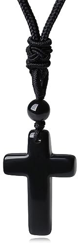 XIANNVXI Black Cross Necklace Men Cross Pendant Black Obsidian Crystal Necklace Gemstone Stone Pendant Christian Gifts