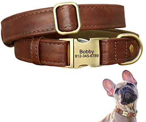 Personalized Leather Dog Collar, Soft & Durable Custom Dog Leather Collars, Adjustable Dog Collar with Name Plate & Quick Released Metal Buckle for Small Medium Large Dogs
