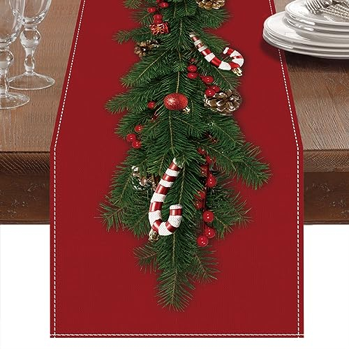 Tischläufer Weihnachten, Weihnachtstischläufer Rot Leine mit Weihnachtsbaum Glocken Zuckerstangen Aufdruck, Lang Rechteckige Weihnachtstischdecke für Das Weihnachtsessen Tisch Dekoration(230 x 33cm)