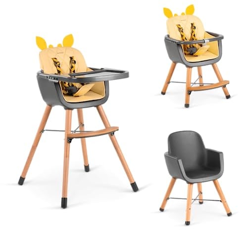 Beeloom - Giraffenthron umbaubarer Hochstuhl für Kinder und Babys, gelb mit verstellbarer Höhe und abnehmbarem Tablett, sicher und stabil ab 6 Monaten