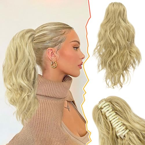 BARSDAR 35 CM Kurzes Gewellt Pferdeschwanz Extension, Klaue Clip Lockig Blond Pferdeschwanz Haarverlängerung Synthetik Clip Haarteil Haarextension Natürliches Weich Tägliche Party(Licht Asche Blond)