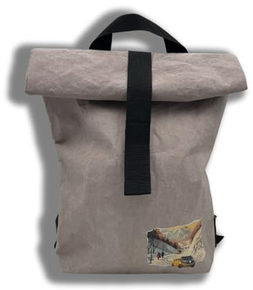 CATHAstories nachhaltiger Rolltop Rucksack LEICHT Bagpack reißfest Pflanzenleder wasserabweisend Variabler Schulterriemen, Klettverschluss & Innenfach. RetroNow-Print. Waschbar! GermanMade - Stonegrey