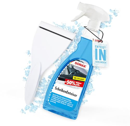 detailmate Auto Scheibenenteiser Set | 1x Sonax Scheiben Enteiser Spray 750ml für Autoscheiben + 1x Eiskratzer | Enteiserspray für klare Sicht