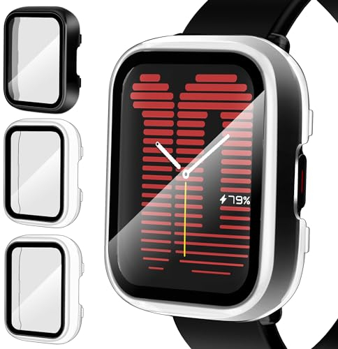 ivoler 3 Stück Hard PC Hülle mit Glas Displayschutz für Amazfit Active, Vollständige Abdeckung Schutzhülle Ultradünne Kratzfest Schutz Case, 2 Transparent + 1 Schwarz
