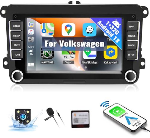 CAMECHO 1G+32GB Android 13 Car Stereo with Wireless Carplay for VW Golf 5 6 Polo T5 Tiguan With Wireless Apple Carplay Android Auto 7'' Touchscreen with Bluetooth WiFi GPS FM SWC +Reverse Camera