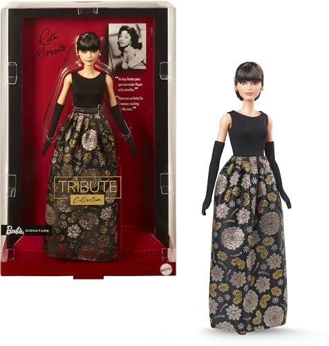 Barbie Signature Tribute Collection Rita Moreno Sammelpuppe im schwarz-goldenen Kleid mit Handschuhen und Schuhen, inklusive Puppenständer