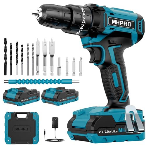 MHPRO Cordless Drill Set 21V, Cordless Hammer Drill with 2 Batteries 2000mAh, 25+3 Torque, 42N.m Max Electric Drill, 2 Speed, LED Light,14PCS Drill Bits for Home and Garden DIY Project