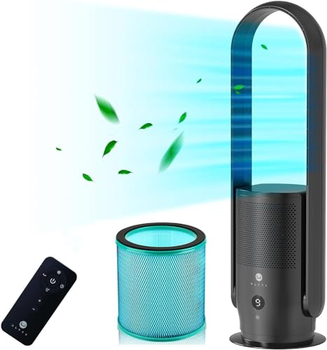 U ULTTY Ventilatore Senza Pale con Purificatore d'Aria, Ventilatore a Torre con Telecomando, Touch, Filtro HEPA 99,97%, 80cm Oscillazione a 90° per Camera da Letto, Ufficio, CR022 Nero