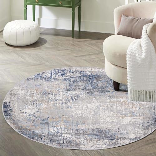 Mazovia Teppich Rund 100 cm - Kurzflor - Weich Teppich für Wohnzimmer Esszimmer - Abstraktes Vintage Blau Grau 100 x 100 cm