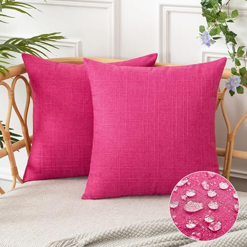 UGASA Outdoor-Kissenbezüge für den Außenbereich, kariert, wasserdicht, Bauernhaus-Leinen, dekorativ, quadratisch, für Terrasse, Veranda, Außenbereich, Hof, Gartenbank, 45,7 x 45,7 cm, Hot Pink, 2