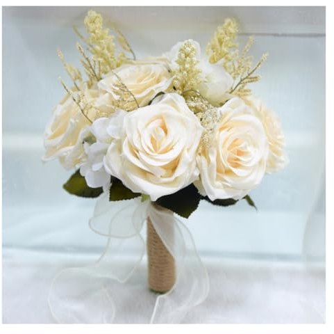 Hrlace Hochzeits Handstrauß Romantische Brautstrauss Künstlicher Rose Bouquet Braut Brautjungfern Blumensträusse für Fotografien Requisiten Hochzeit Valentinstag Partys Wohnkultur Beige