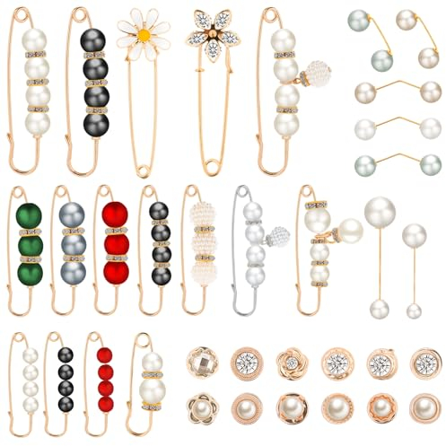 Qianyu 35 Stück Sicherheitsnadeln Faux Perlen Brosche Kragen Clip Damen Broschen Pins Pullover Schal Clips Doppelkopf Perle Kleid Hemd Clips für Frauen Cardigan-Brosche Dekoration Kostüm Zubehör