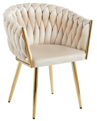 IlGruppone Poltrona Con Schienale In Velluto Intrecciato Design Moderno, Sedia Imbottita Circolare con Gambe in Metallo Placcato Oro Poltroncina (Beige)