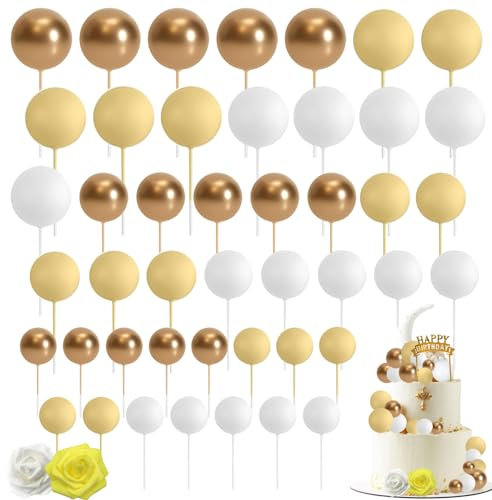 48 Stück Tortendeko Kugeln Cake Topper, 3 Farben Kuchen Deko, DIY-Kucheneinsatz Topper für Jubiläum Geburtstagsfeier Baby Shower Kuchendekoration (gelbes Platin)