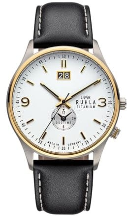 UMR RUHLA Armbanduhr, für Herren, Quarz, Titan, Lederarmband, Mineralglas, wasserdicht bis 5 bar - Made in Germany, Farbe:Weiß