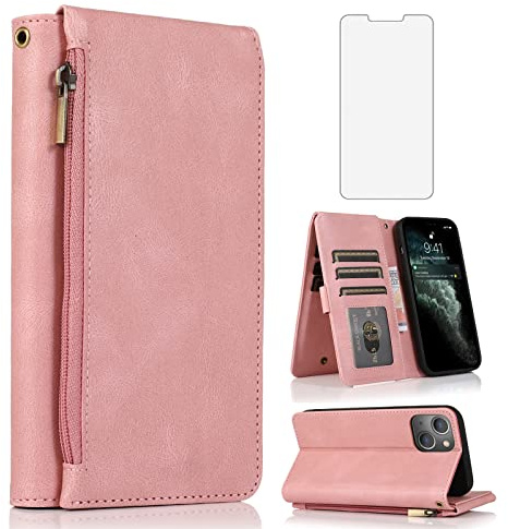 Asuwish Compatible with iPhone 13 6.1 inch Wallet Case Tempered Glass Screen Protector and Zipper Retro Leather Flip Cover Card Holder Stand Cell for iPhone13 5G i i-Phone i13 iPhone13case Women Pink