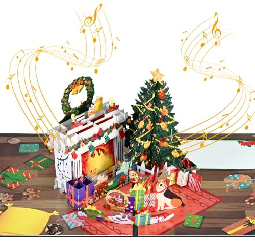 Livofloral POP UP Weihnachtskarte, POP UP Karte Weihnachten mit Musik und Licht, 3D Weihnachtskarte Lustig mit Umschlag, Ausblasbar Kamin Weihnachten Grußkarten für Kinder Mädchen Frauen Mama Freundin