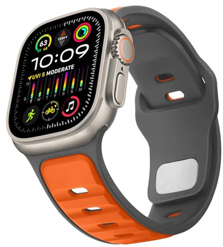 Anlinser Correas Compatible con Correa Apple Watch Ultra 2/Ultra 49mm 46mm 45mm 44mm 42mm, Pulsera Deportiva de Silicona Ajustable Compatible con iWatch Serie 10/9/8/7/6/5/4/3/SE, Gris-Naranja