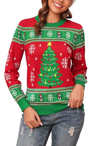 Jezonga Maglione Natalizio Donna Inverno Maglia Natale Fiocco Neve Ugly Christmas Sweater a Manica Lunga Rosa, M
