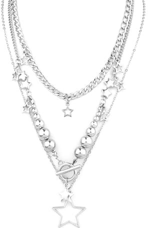 Mikovivi Star Chunky Silver Stackable Necklace, Y2K Layered Pendant Grunge Necklace for Punk Fashion Accessories