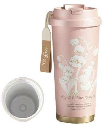 Lily of the Valley Mug, Travel Coffee Mug with Lid, 500ml Stainless Steel or Ceramic Liner, Floral Leakproof Coffee Tumbler Cups, Travel Cup with Built-In Infuser, Insulated Tumbler for Women