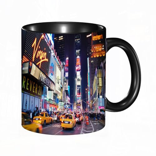 EKLMPS Original Mug en céramique,idéal comme cadeau,impression de haute qualité,mug à motifs,mug à thé,à café,330ml,Théâtres Broadway et panneaux LED animés à New York Times Square New York City USA