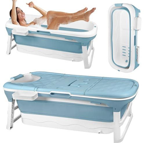Faltbare Badewanne Erwachsene, Klappbare Mobile Badewanne mit Massagerollen und Thermometer, Foldable Bathtub, Abnehmbarer Abdeckung, Seifenkorb, Tragbare Klappbadewanne für Badezimmer, 148x62x53cm