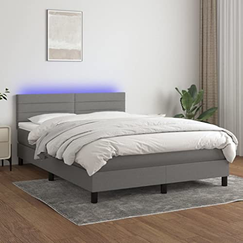 KOIECETA Boxspringbett mit Matratze LED Doppelbett Bett Polsterbett Bettgestell Bettrahmen Lattenrost Schlafzimmerbett Hotelbett Dunkelgrau 140x200 cm Stoff