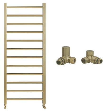 Brushed Brass Bathroom Straight Heated Towel Rail Radiator 500 x 1200 & Corner Manual Valves