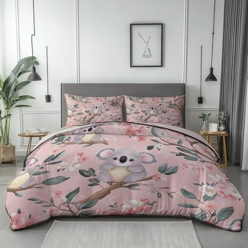 Hellrosa Bettwäsche Niedlich - Atmungsaktive Mikrofaser Bettbezüge Mit Reißverschluss Und Kissenbezug, Aquarell Koala Motiv Leicht Bettbezüg für Mädchen Jungen Kinder Schlafzimmer Dekor (135 x 200 cm)