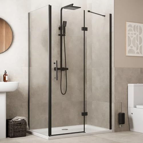 Baystone® 1000 x 700mm Frameless Hinged Shower Door Enclosure 8mm Toughened Safefty Glass Reversible Cubicle Doors for Showers & Side Panel, Black