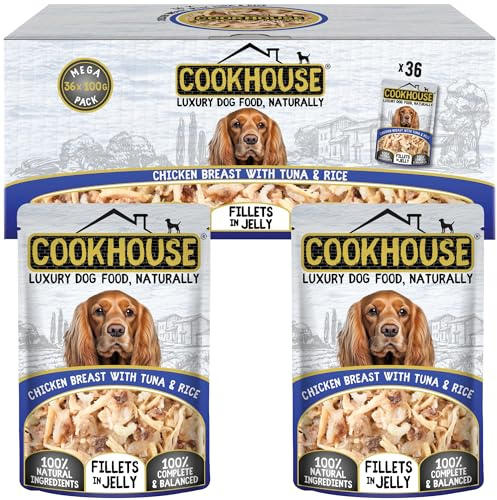 COOKHOUSE 100% Natural & Complete Luxury Wet Dog Food - 36 x 100g Pouches - Chicken Breast with Tuna & Rice - Fillets in Jelly