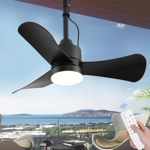 Outdoor Deckenventilator mit Beleuchtung 80CM IP65 Wasserdicht Außen Deckenleuchte mit Ventilator und Fernbedienung Dimmbar Lampe mit Ventilator für Terrasse Pavillons Markisen Aussen Fan Deckenlampe