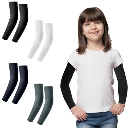 Prasacco 4 paia di manicotti per bambini, a compressione UV, unisex, per sport all'aria aperta, protezione solare, per pallavolo, basket, ciclismo, pattinaggio a rotelle (nero, bianco, grigio, blu