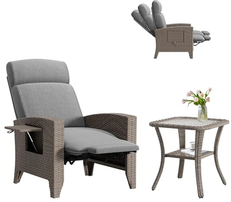 lovtuwr Rattansessel Pflegeleichte Gartenliege mit Relaxfunktion & Klapptisch | Schnell aufgebaut | Inkl. Abdeckung & dicken Kissen | Wetterfest für Familie, Balkon & Garten (B-(R)+Couchtisch)