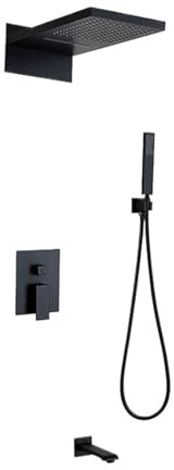 Black Faucets Set Rain Waterfall Head with 3-Way Thermostatic Mixer Tap Bath Shower Faucet
