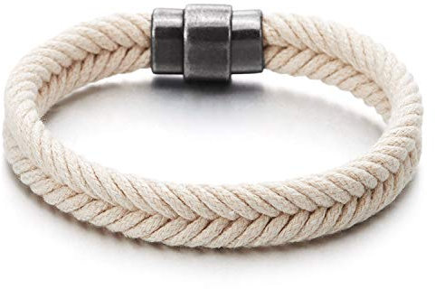 COOLSTEELANDBEYOND Herren Damen Weiß Geflochten Baumwoll Seil Armband Armreif mit Magnetverschluss, Sommer Zubehör