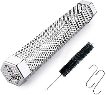 Pellet Smoker Tube for Grilling, 12 inches Premium Stainless Steel BBQ Wood Pellet Tube Smoker for Gas Charcoal Electric Grill or Smokers, Hexagonal with 2 S Shape Hooks and 1 Cleaning Brush