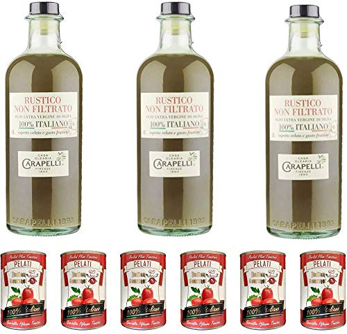3x Carapelli Non filtrato 1L olio vergine oliva Extra nativ Natives Olivenöl + Italian Gourmet 100% italienische geschälte Tomaten dosen 6x 400g