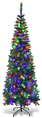 SHATCHI 8Ft/2.4m Pre-Lit Artificial Slim Christmas Green Pencil Tree, Pointed Tips, Metal Stand Multicolour LEDs Lights Holiday Home Decorations, 240 cm