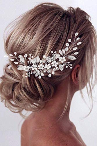 Edary Haarrebe für Braut, Hochzeit, Silber, Blumen-Stirnband, Kopfschmuck mit Strasssteinen, Blatt Haaraccessories für Damen und Mädchen